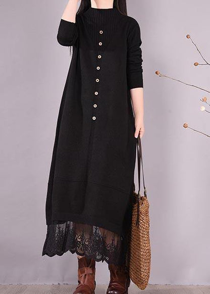 Handmade Black Clothes O Neck Patchwork Lace Kaftan Spring Dresses