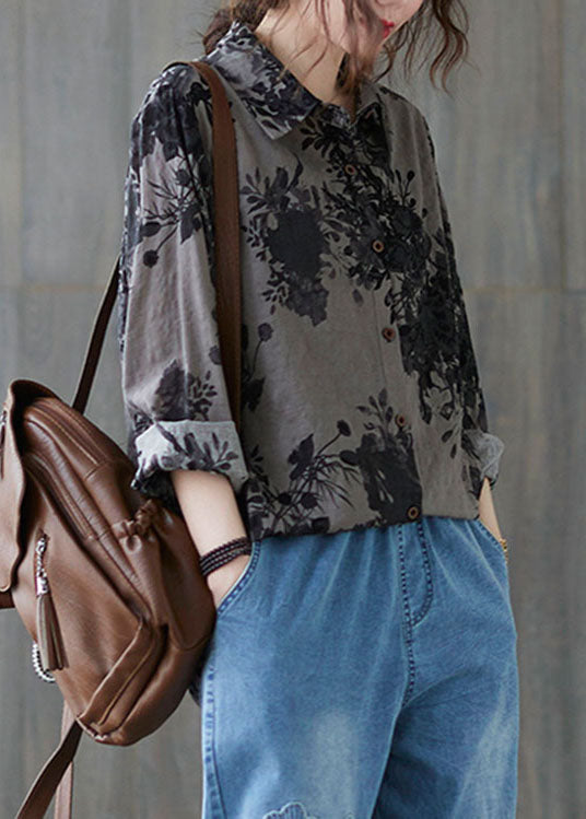 Unique Grey Peter Pan Collar Button Print Fall Blouses Long Sleeve