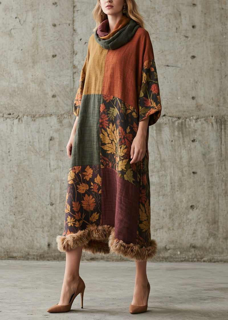 New Colorblock Print Fuzzy Fur Patchwork Cotton Long Dress Fall