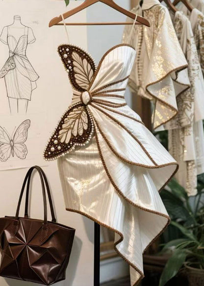 Butterfly Decoration Nail Bead Asymmetrical Dress Design New