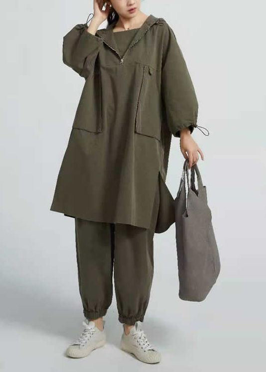 Style Arm Green Cotton Blouses for Side Open Short Hooded Long Blouse