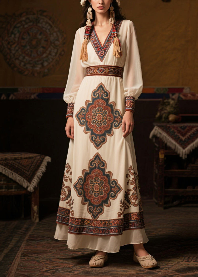 Style White Cinched Print Chiffon Long Dresses Fall
