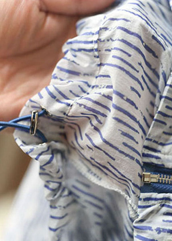 Blue Striped Zippered Drawstring Hooded Pockets Upf 50+ Coat Jacket Summer