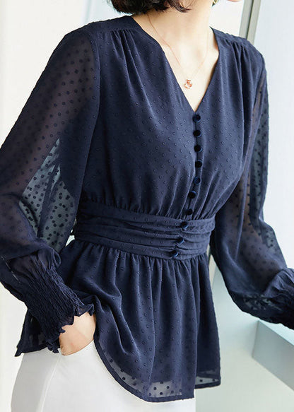Blue V Neck Dot Button Chiffon Cinch Shirts Long Sleeve