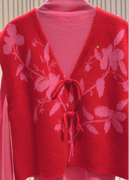 Loose Red Button Patchwork Tops and Waistcoat Knit Two Pieces Set Fall