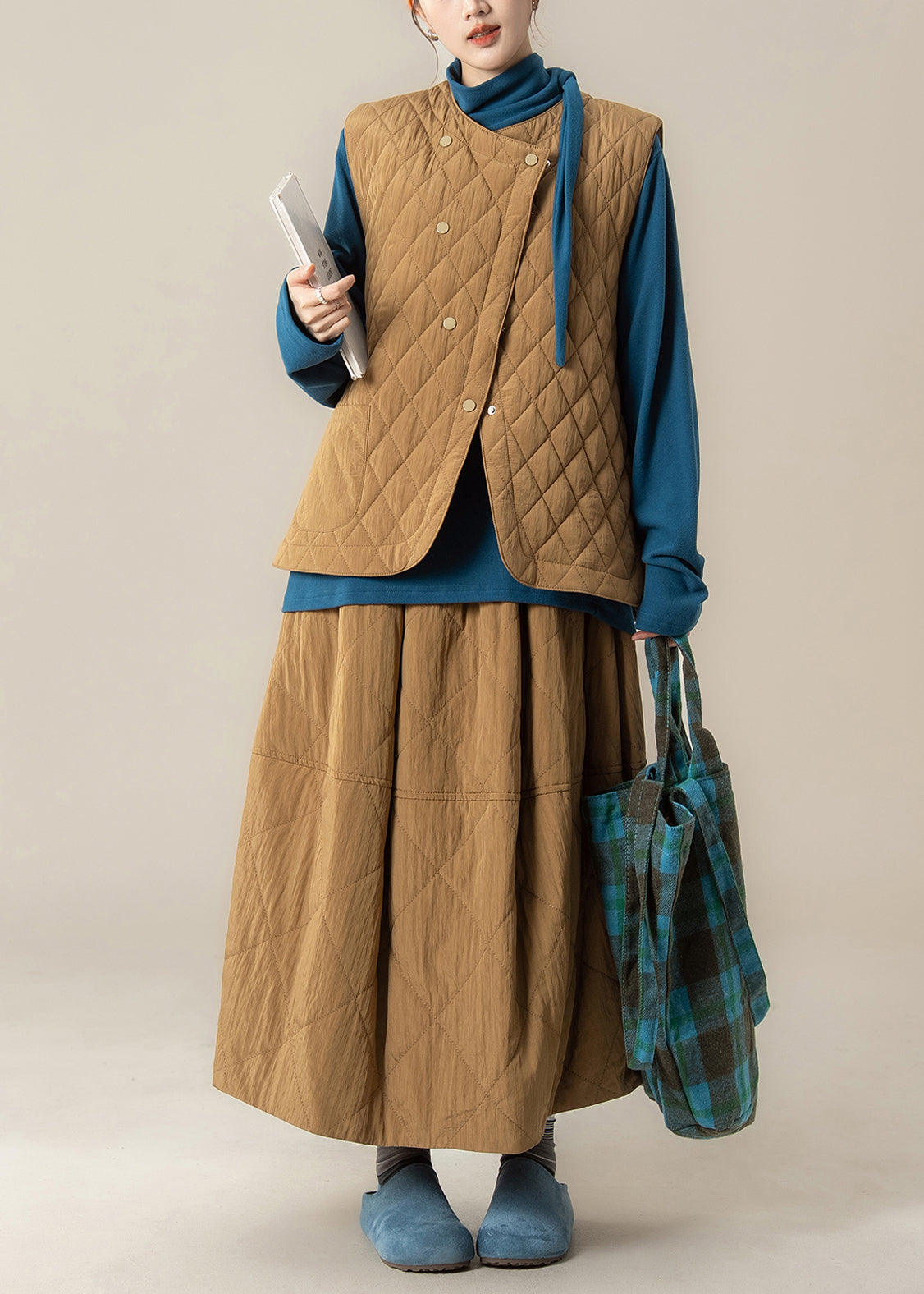 Plaid Khaki Button Cotton Filled Waistcoat and Skirts Three Pieces Set Winter