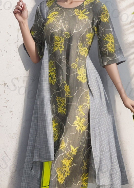 Natural Colorblock O Neck Print Loose Silk Dress Summer