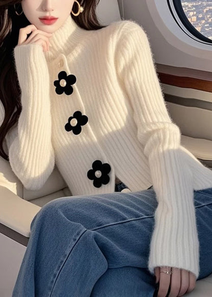 French White Hign Neck Knit Sweaters Top Spring