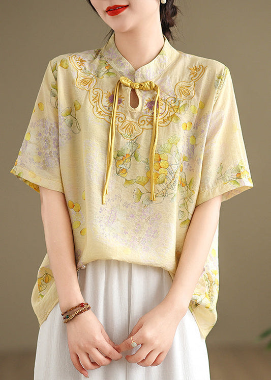 Yellow Tasseled Print Linen Blouses Summer