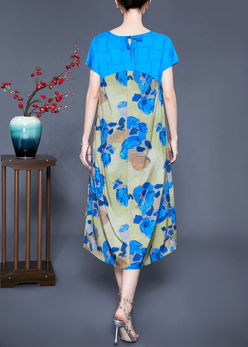 Blue V Neck Patchwork Print Silk Holiday Dress Summer