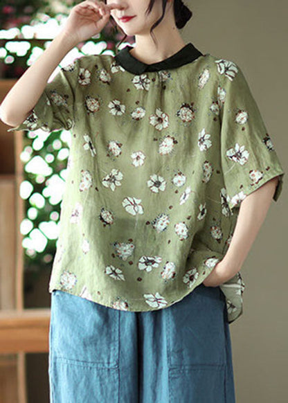 Blackish Green Colorblock Patchwork Linen Shirt Top Short Sleeve