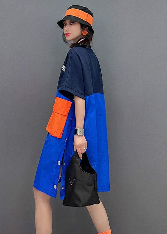 Peter Pan Collar Patchwork Button Pockets Side Open Shirt Short Sleeve