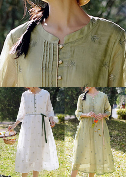 White Embroidered Button Linen Dress Spring