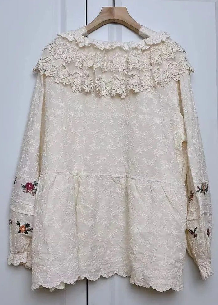 Beige Embroideried Lace Patchwork Cotton Shirt Spring