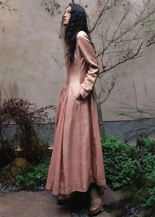Pink Wrinkled Pockets Cotton Shirts Long Dresses Fall