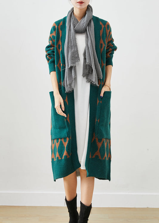 Green Oversized Patchwork Pockets Knit Cardigan Fall