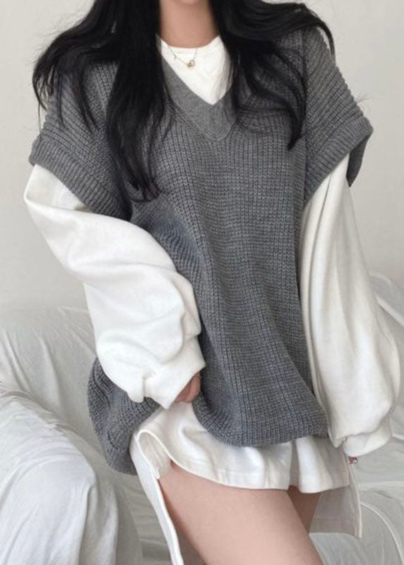 Khaki V Neck Oversized Knit Two Piece Set Outfits Spring