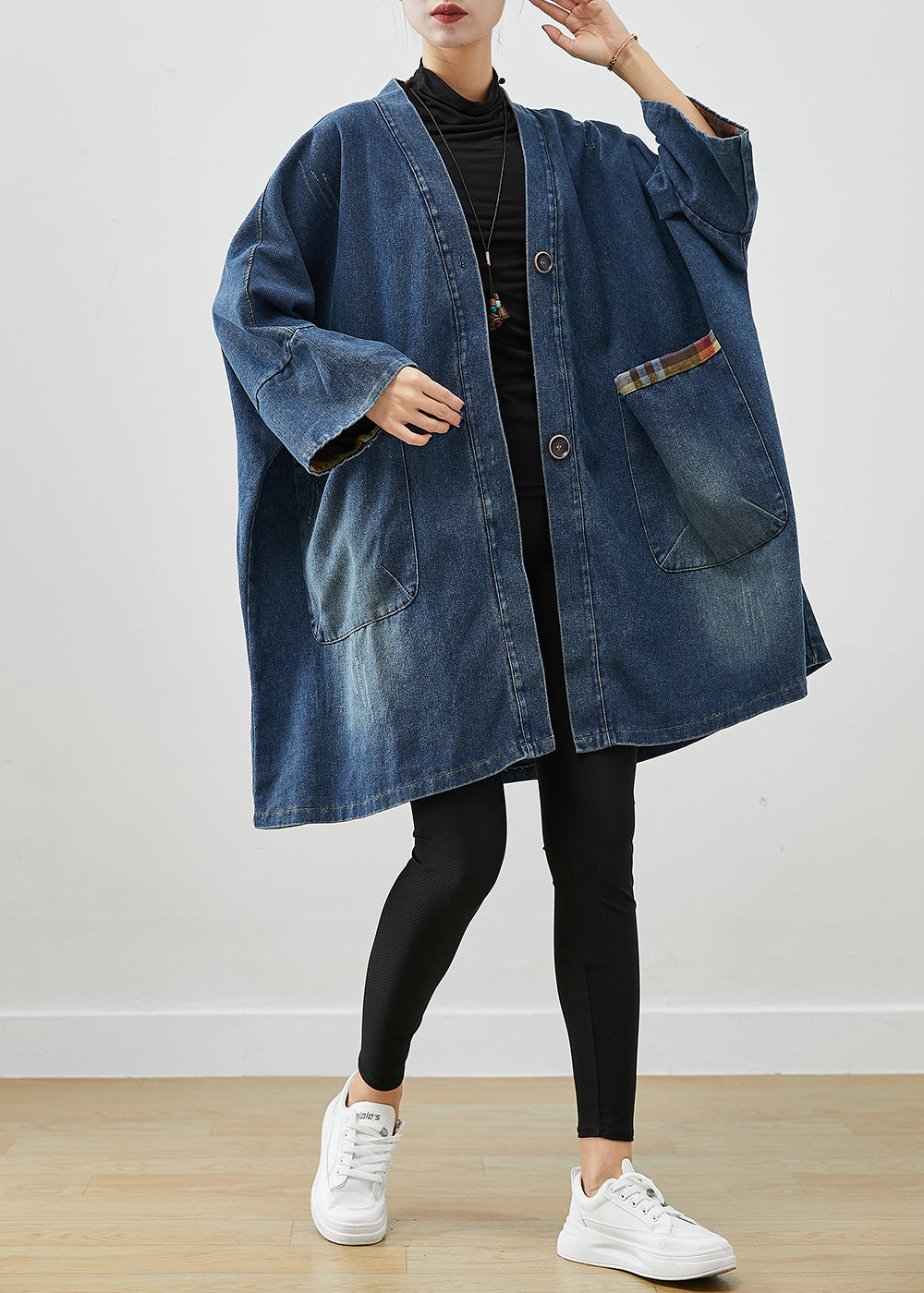 Blue Oversized Patchwork Denim Coats Fall
