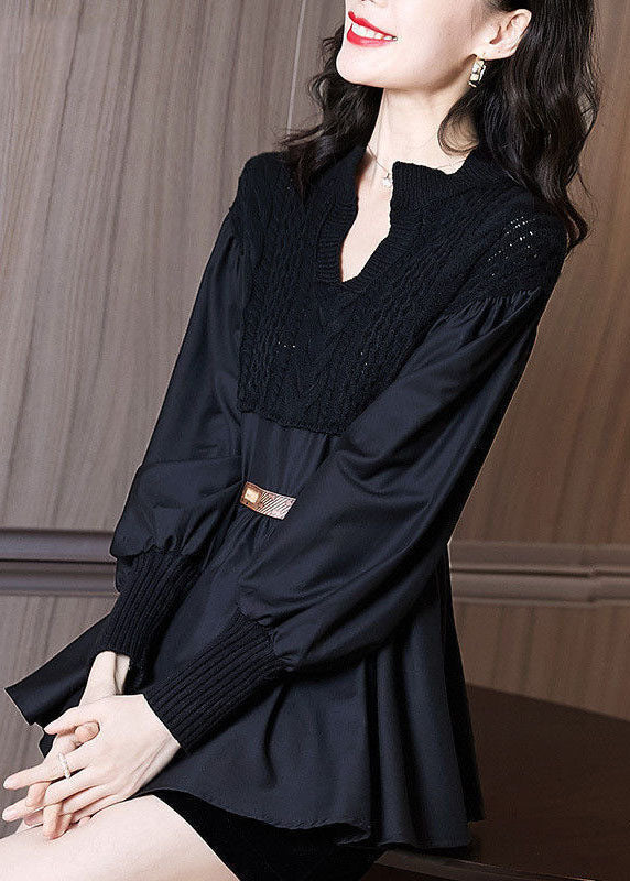 Black V Neck Knit Patchwork Chiffon Shirt Top Long Sleeve