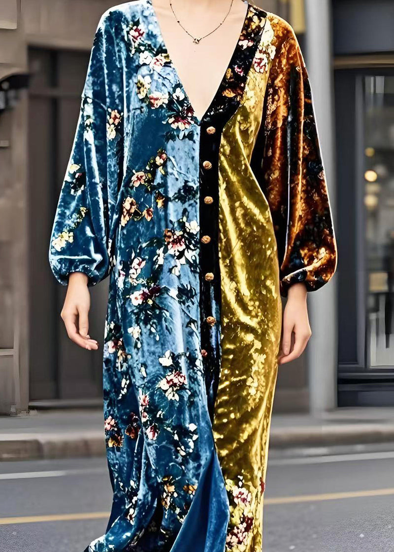 Colorblock V Neck Patchwork Golden Button Silk Velour Dresses Spring