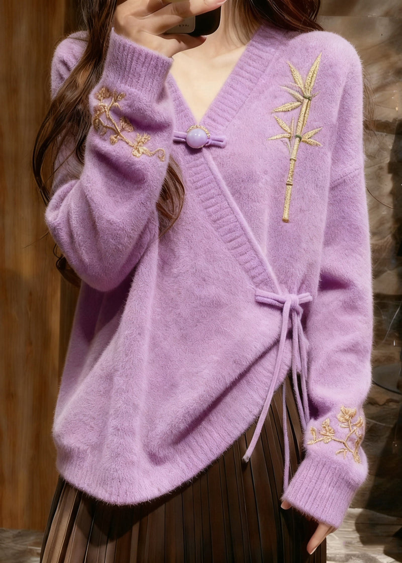 Light Purple V Neck Tie Waist Cotton Knit Sweaters Tops Fall