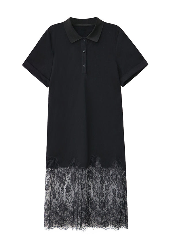 Black Peter Pan Collar Lace Patchwork Cotton Dresses Summer
