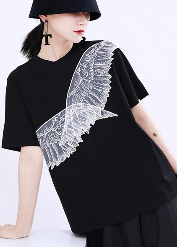 Black Embroidery Appliques Cotton Tee Summer