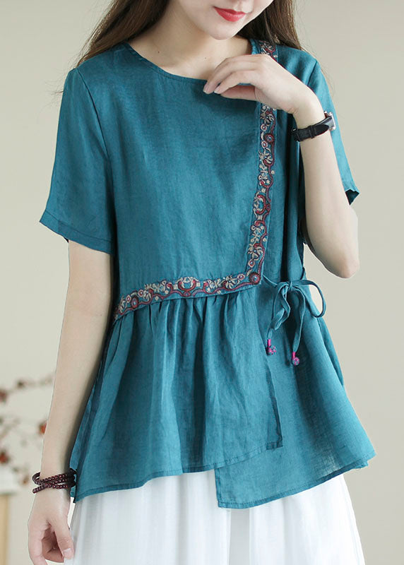 Blue Embroideried Shirt Top Short Sleeve