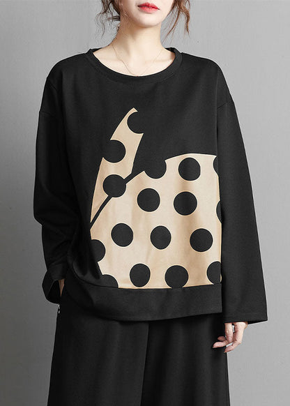 Art Black O-neck Dot Print Patchwork T Shirt Fall