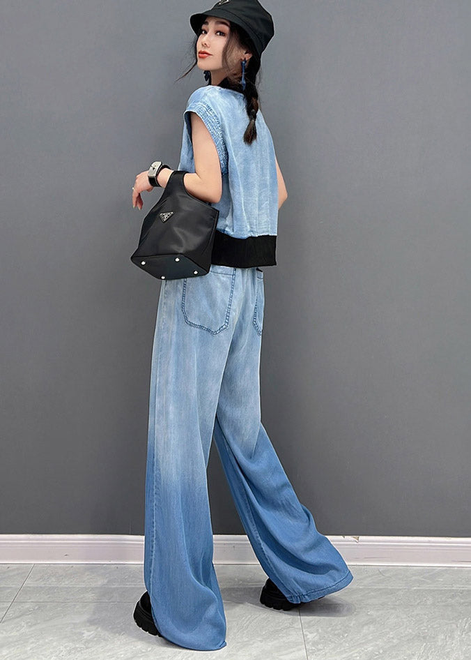 Blue Up V Neck Zip Coats and Long Pants Two Piece Set Summer
