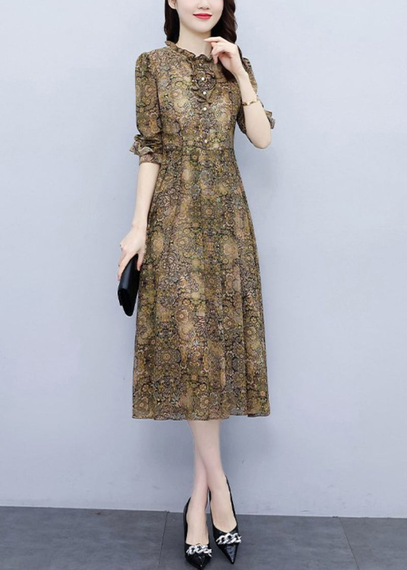 Ruffled Print High Waist Chiffon Dress Long Sleeve Fall