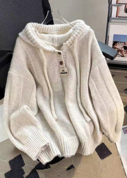 Apricot Button Lace Up Cotton Knit Tops Hooded Long Sleeve Fall