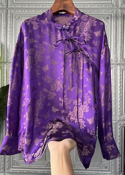 French Purple Stand Collar Print Bow Silk Shirt Tops Long Sleeve