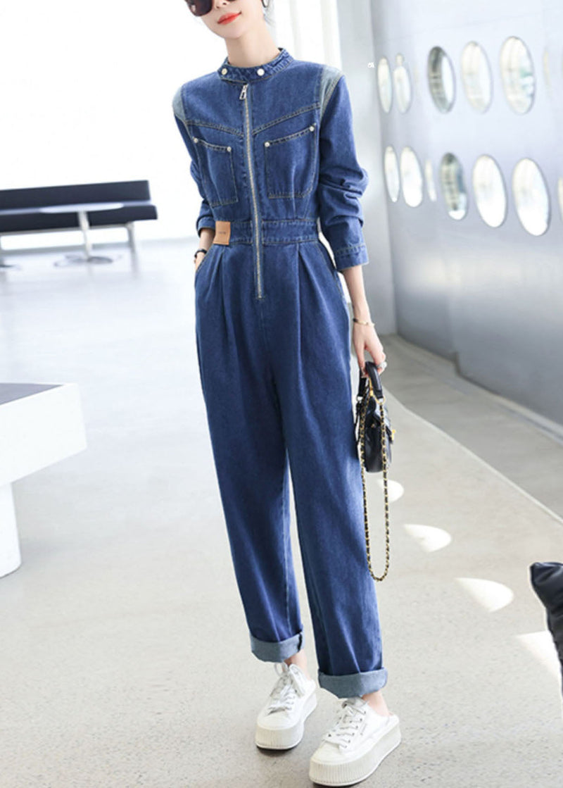 Natural Dark Blue O-neck Patchwork Flattering Denim Jumpsuit Fall