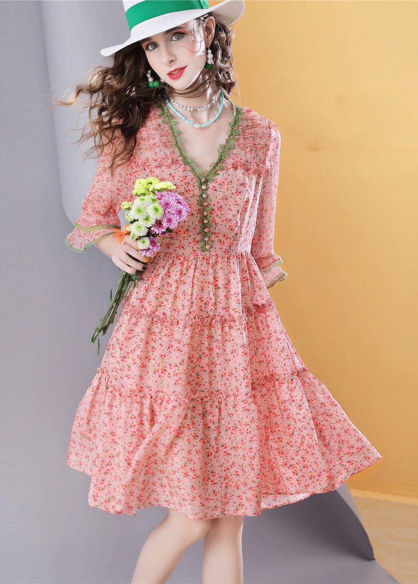 Stylish Pink V Neck Nail Bead Print Silk Mid Dresses Summer