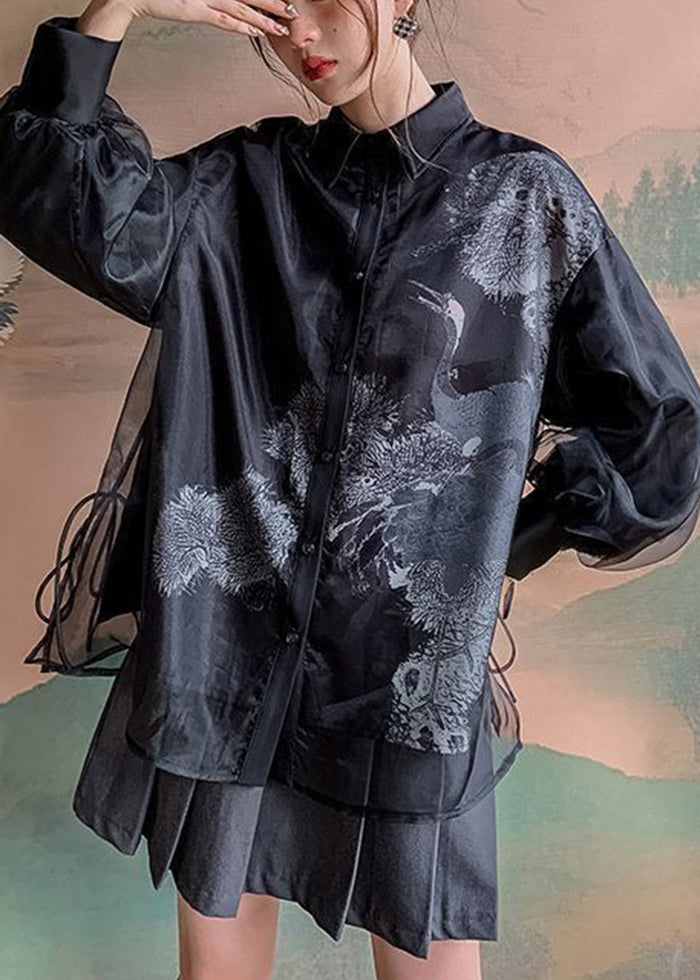 Stylish Black Layered Patchwork Red-crowned Crane Print Tulle Shirts Fall