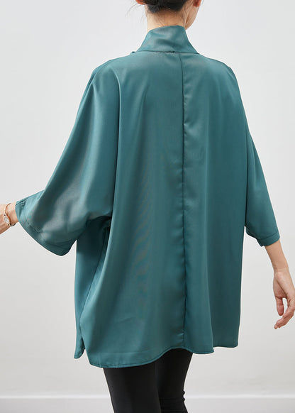 Blackish Green Turtle Neck Silk Shirt Bracelet Sleeve