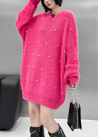 Loose Rose O Neck Pearl Mink Hair Knitted Sweater Spring