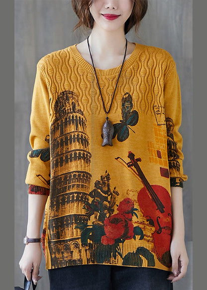 Fitted Yellow O-neck Loose Print Fall Knit Sweaters