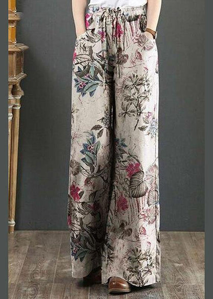 Cotton Palnt Print Pocket Drawstring Elastic Waist Retro Wide Leg Pants