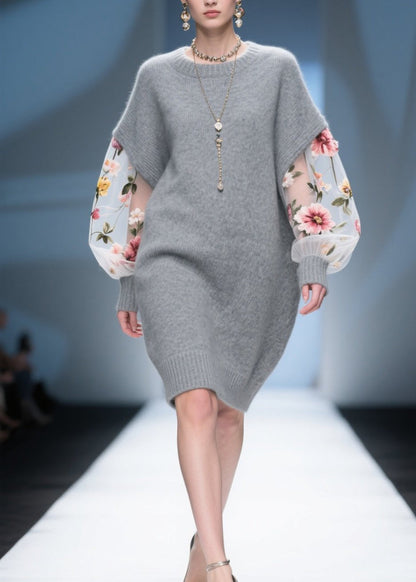 Diy Grey Tulle Patchwork Knitwear Dress Fall