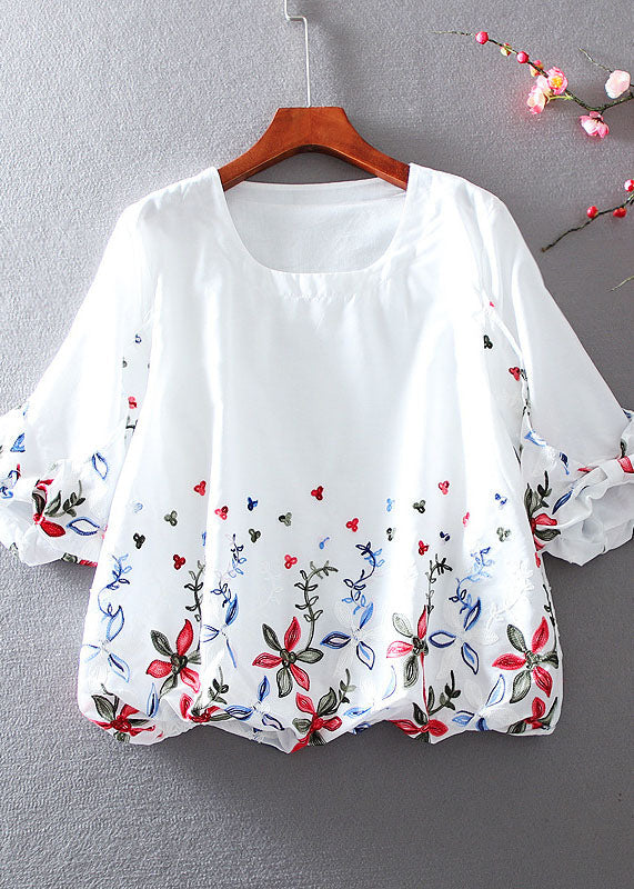 White O-neck Embroideried Chiffon Tops Lantern Sleeve