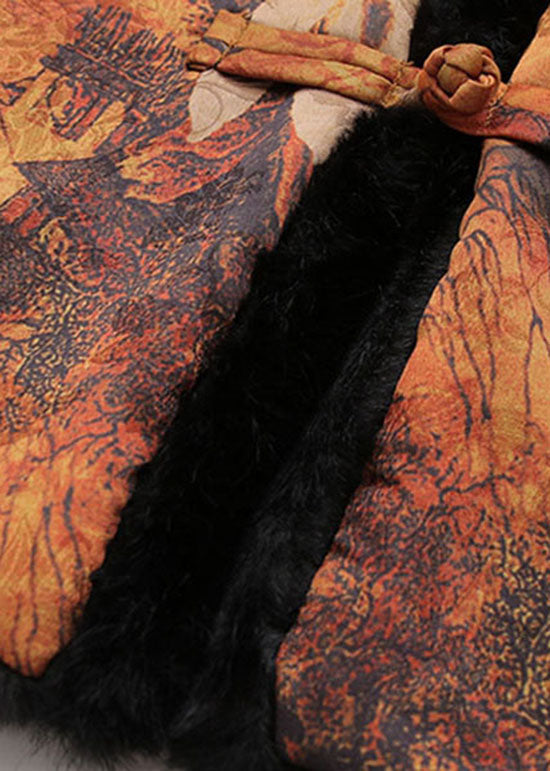 Yellow Chinese Button Patchwork Silk Print Warm Fleece Coats Spring