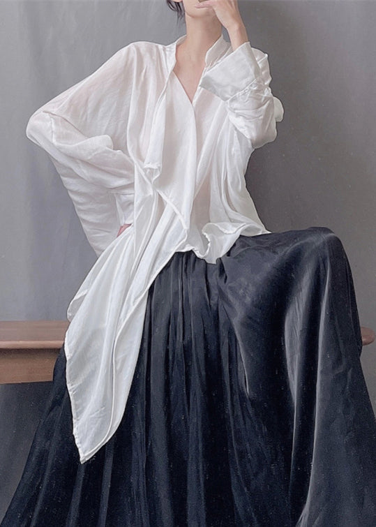 Loose Black Asymmetrical Silk Cotton Blouses Spring