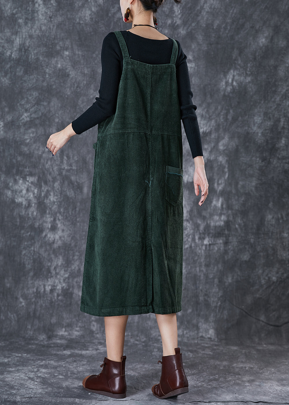 Blackish Green Oversized Pockets Corduroy Strap Dress Fall