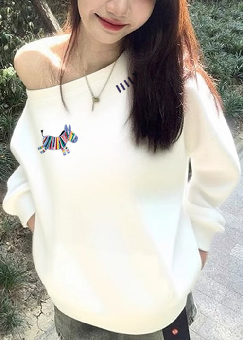 Loose White Print Cotton T Shirts Top Fall