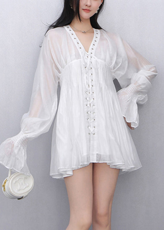 White Wrinkled Tie Waist Chiffon Shirt Fall