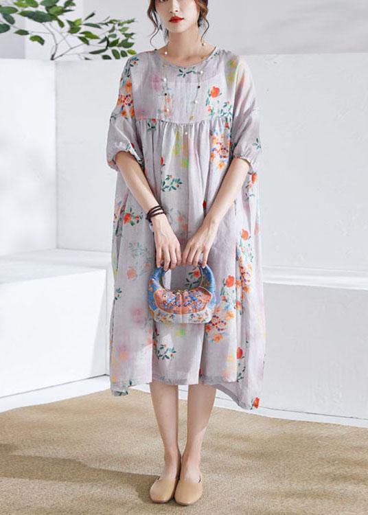 Grey Lantern Sleeve Patchwork Print Summer Ramie Party Dress Half Sleeve