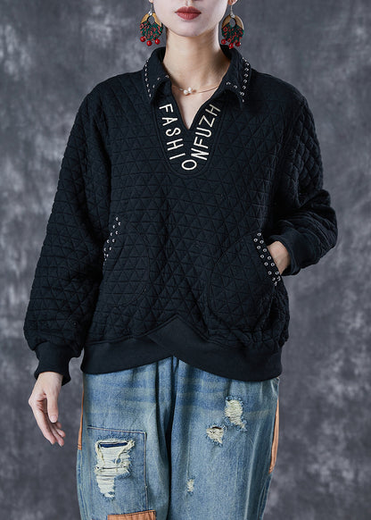 Black Letter Embroideried Rivet Cotton Pullover Sweatshirt Fall