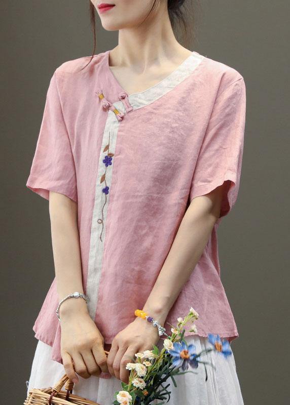 Purple Embroideried Asymmetrical Design Patchwork Summer Linen Blouse Top Short Sleeve